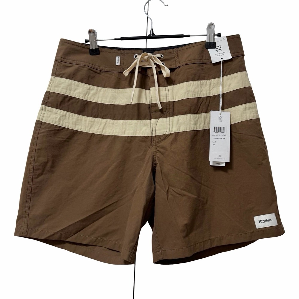 RHYTHM Mens Twin Fin Stripe Swimming Board Shorts Waist 32 Brown Surfing Beach